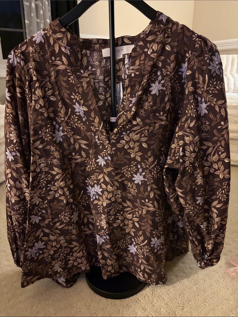 LOFT Brown Floral V-Neck Blouse with Lavender Accents